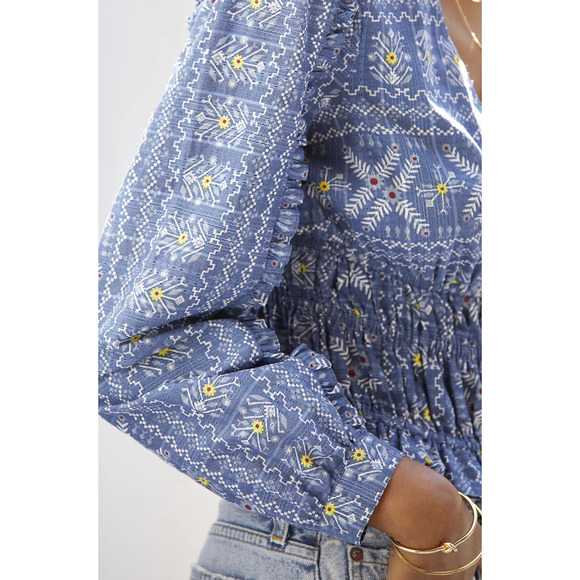 NEW Anthropologie Embroidered Smocked Blue Blouse - Size: Small - Picture 2 of 7